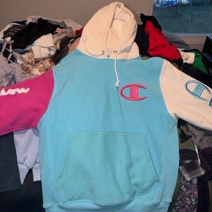 Champion Colorblock Pullover Hoodie in Aqua, Pink & White